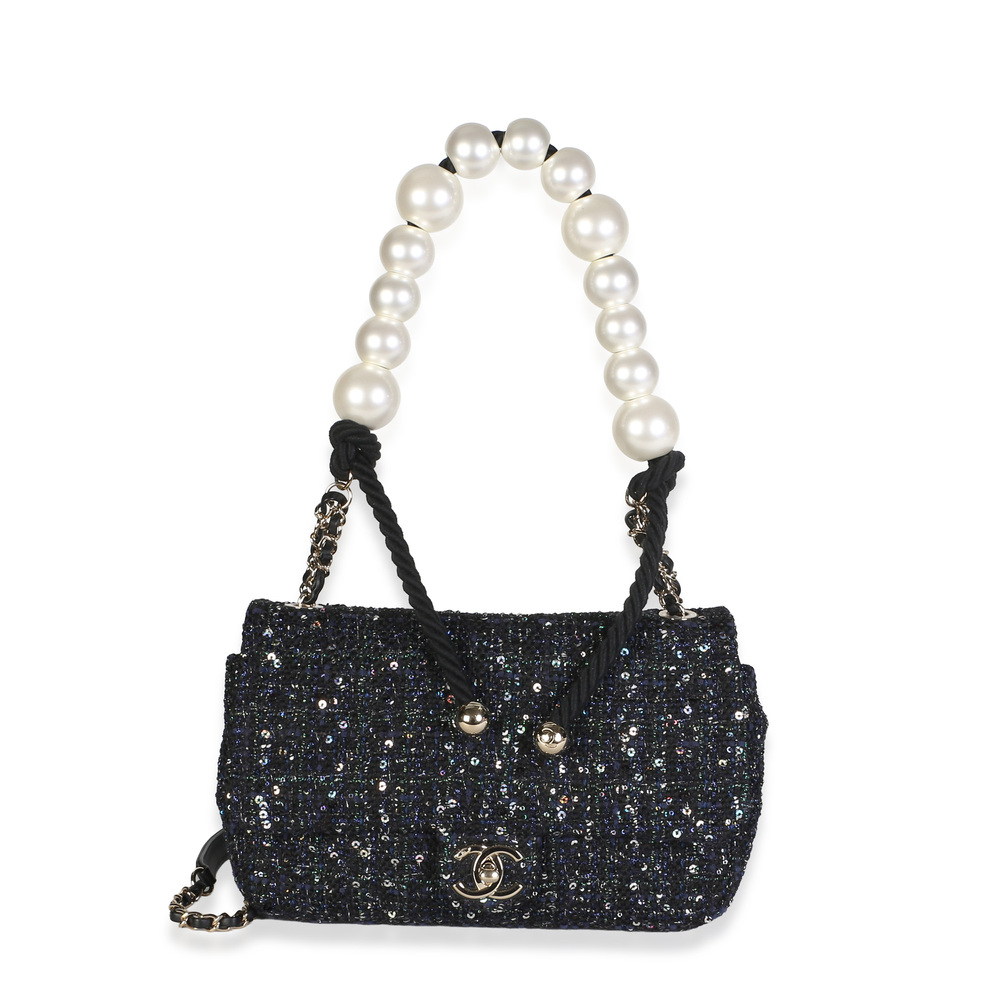 Chanel Black Ecru Tweed Medium Pearl Handle Flap